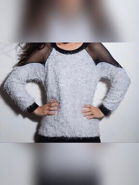🌼5/$20 Women's White Fuzzy Sweater with Sheer Shoulder Detail